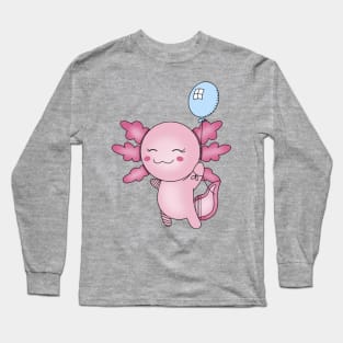 Cute Baby Pink Axolotl with Blue Balloon Long Sleeve T-Shirt